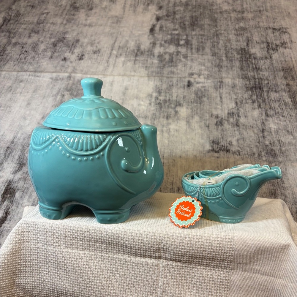 Home Essentials Elephant Festival Ceramic Cookie Jar and Measuring Cups Set Blue